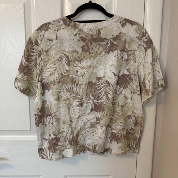 Orvis 100% Linen Women's Button-Up Short Sleeve Top Medium Tropical Floral Tan - Picture 2 of 6